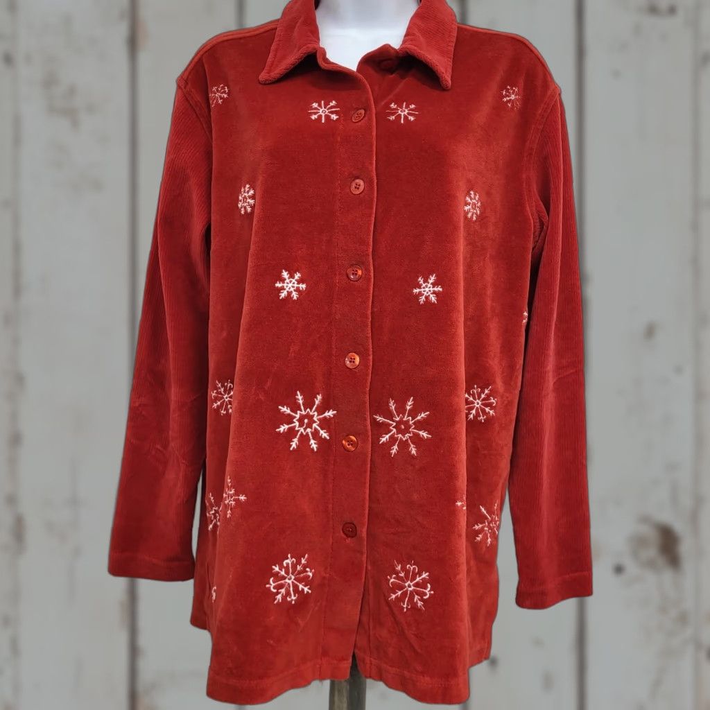 Vintage Capacity Blouse Womens Medium Red Button Up Fleece Christmas Snowflake Embroidery Shirt Size M / US 6-8 / IT 42-44 - 1 Thumbnail