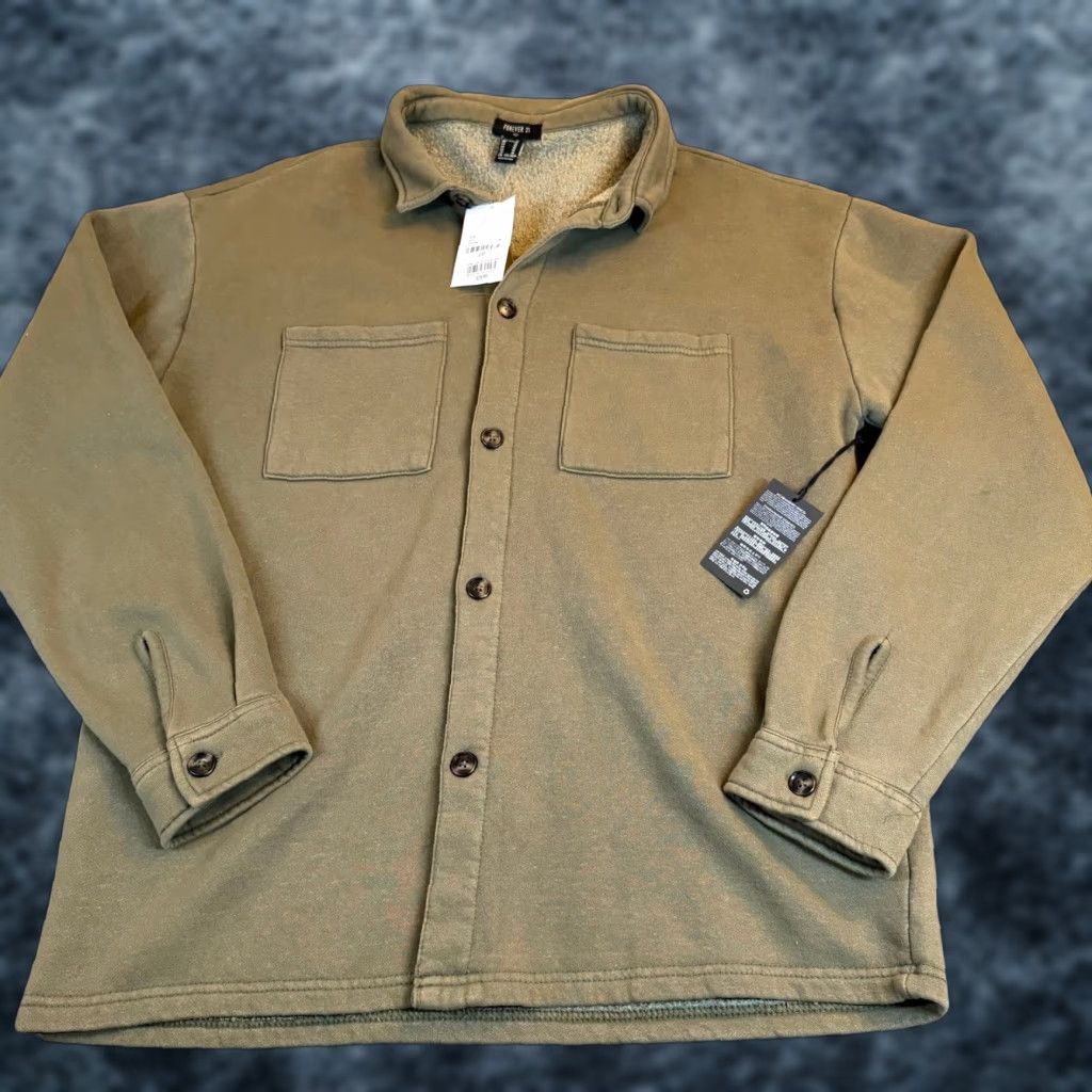 Forever 21 FOREVER 21 Olive Green Fleece Lined Button Down Shirt Jacket Shacket Mens M Size US M / EU 48-50 / 2 - 1 Thumbnail