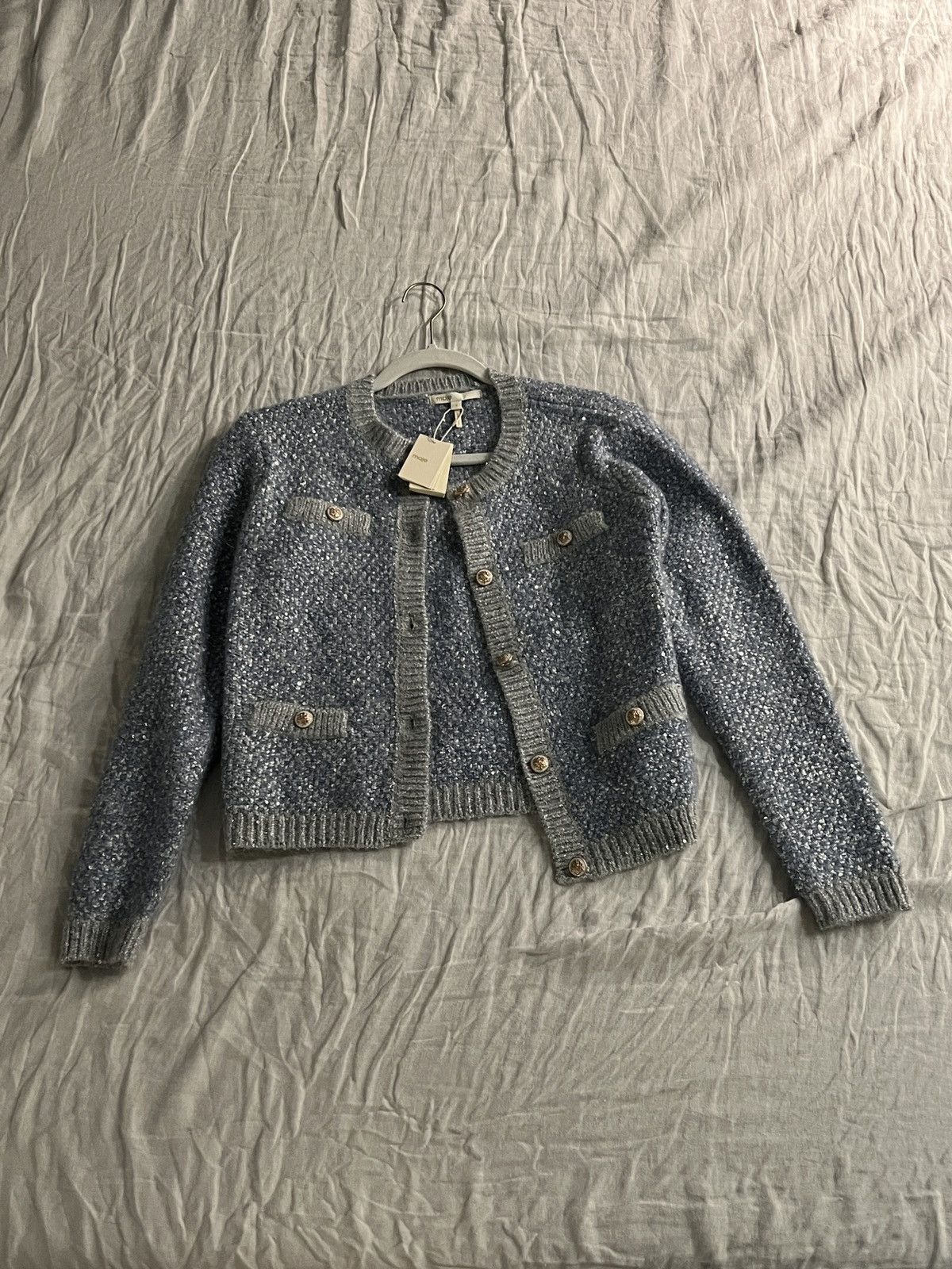 image of Maje Light Blue Sequin Cardigan, Women's (Size XS)