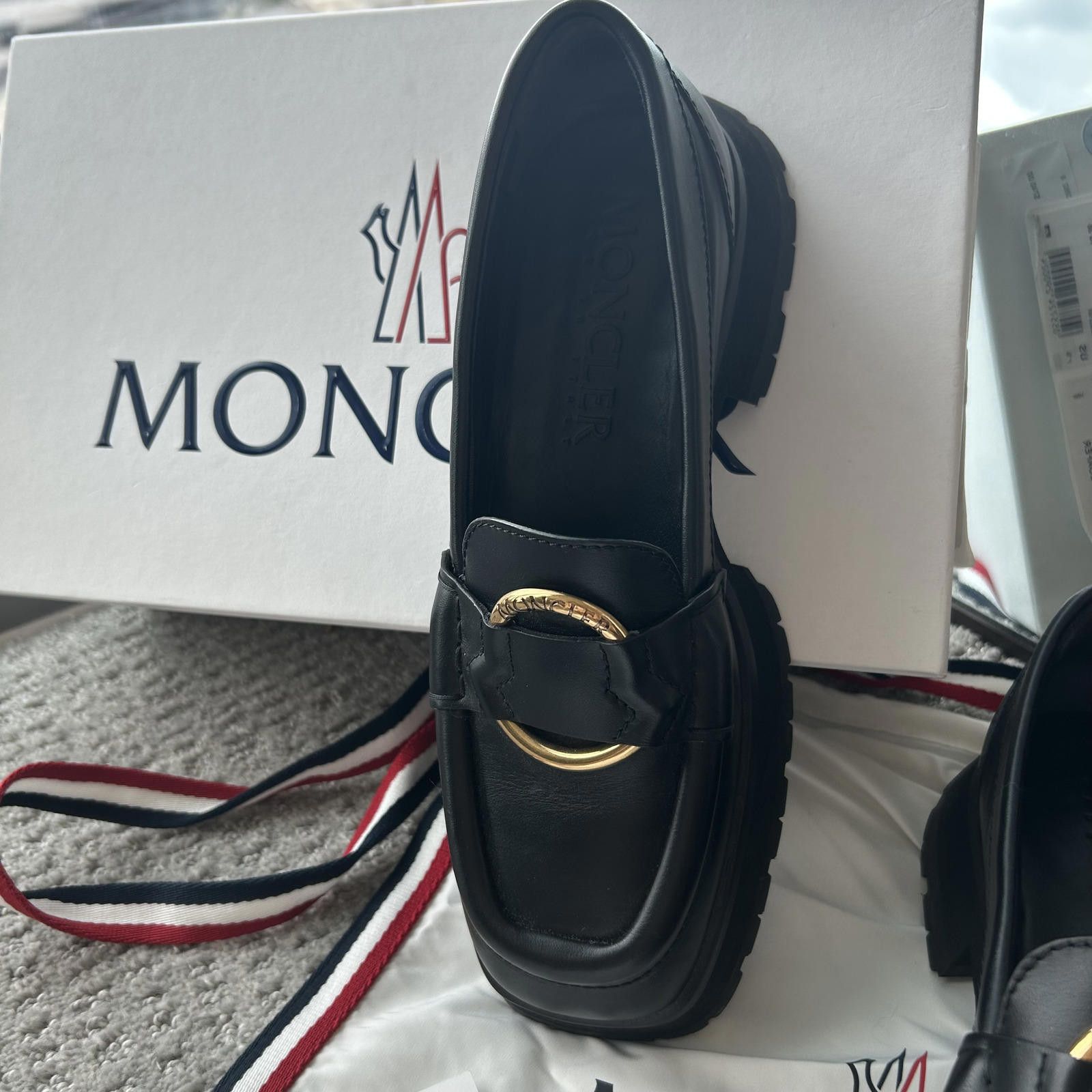 Moncler Moncler Women's Black Leather Loafers with Gold Accent Size US 8 / IT 38 - 4 Thumbnail