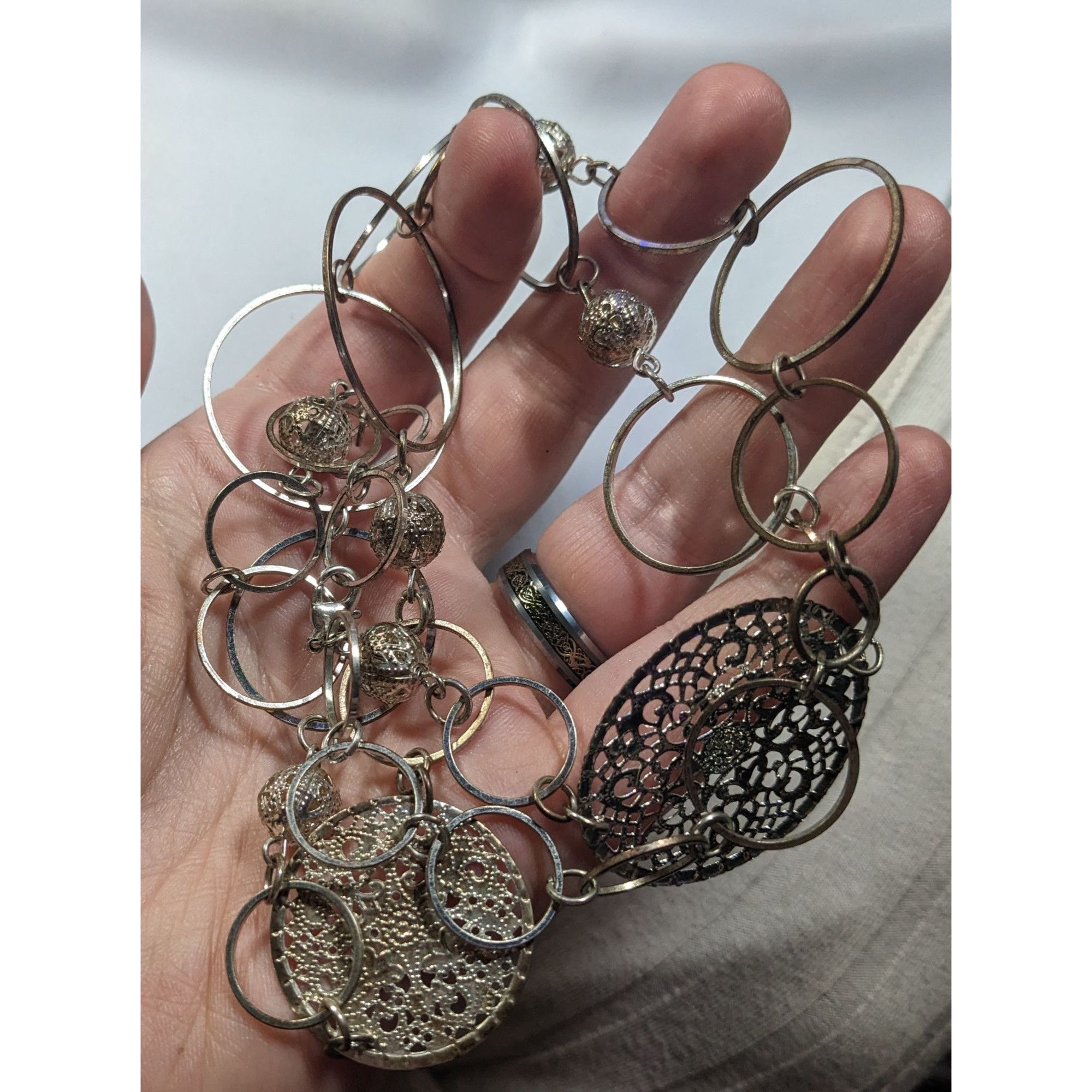 Other Bohemian Silver Tone Open Ring And Filigree Medallion Chain Size ONE SIZE - 7 Thumbnail