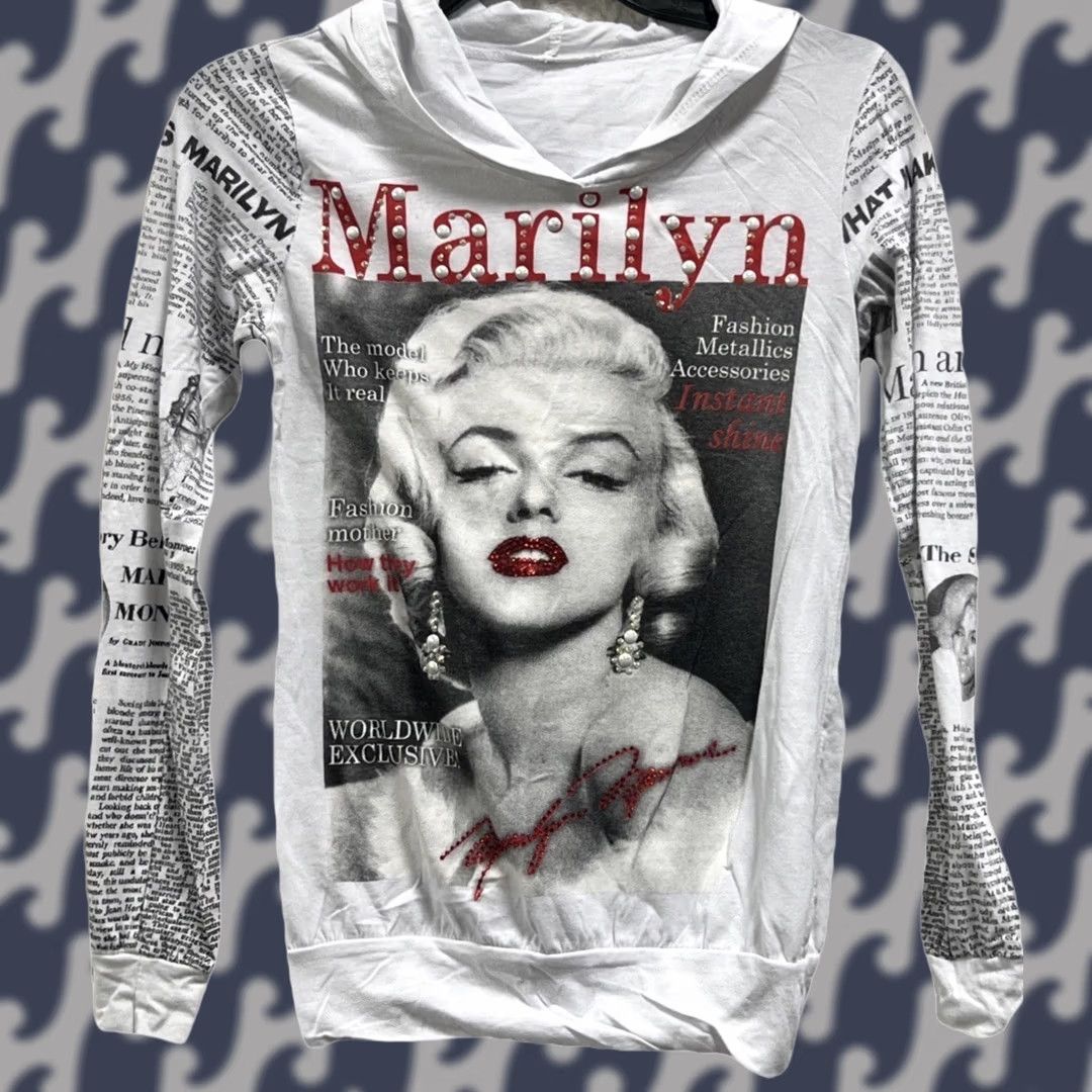 Vintage Marilyn Monroe Graphic Hoodie Women’s XS White Y2K Newspaper Print Rhinestone Size XS / US 0-2 / IT 36-38 - 1 Thumbnail