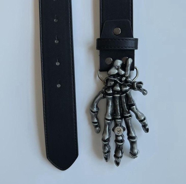 Vintage Black PU Leather Studded Belt with Skeleton Hand Buckle Size ONE SIZE - 3 Thumbnail