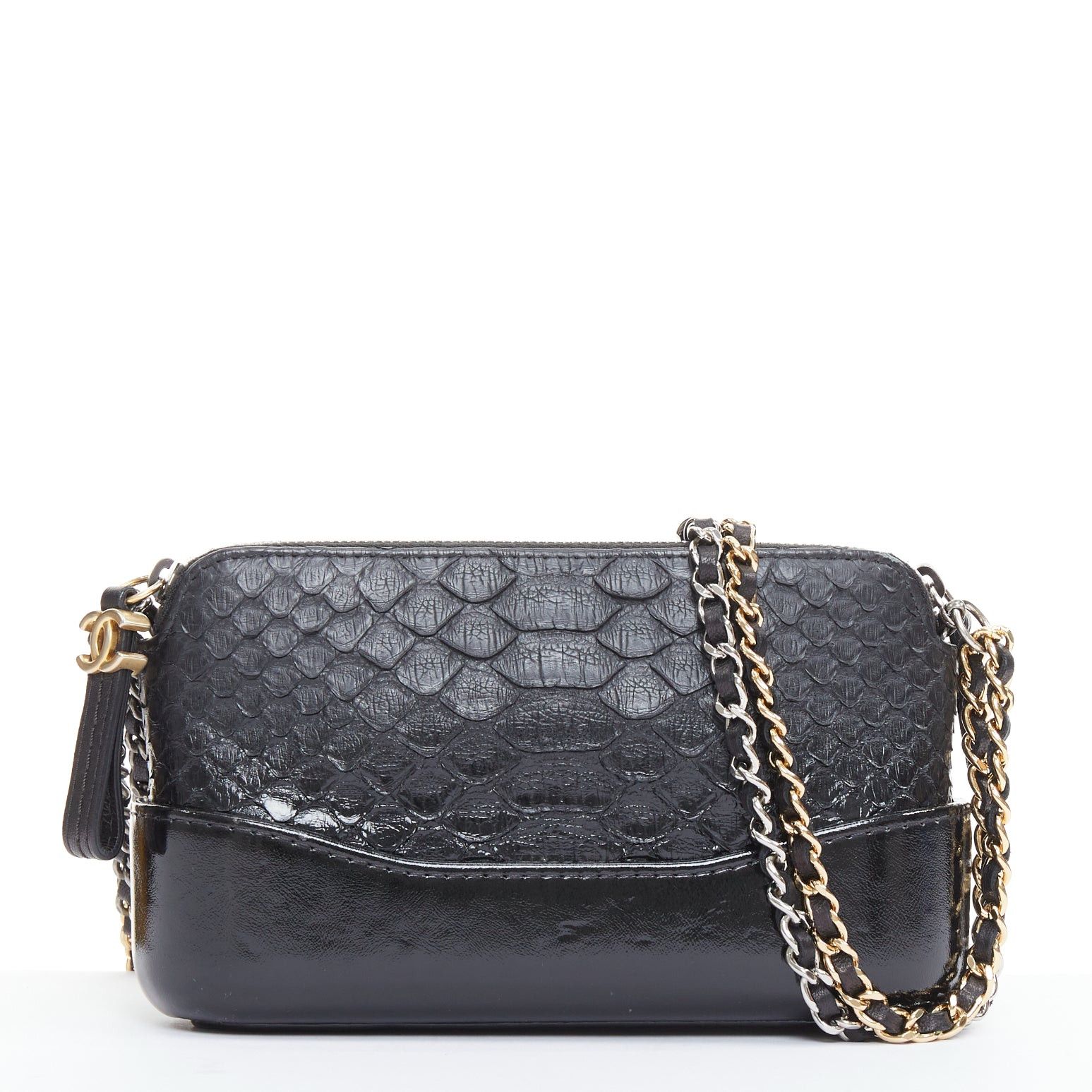 Chanel CHANEL Mini Gabrielle black scaled leather patent trim double CC WOC crossbody bag Size ONE SIZE - 1 Thumbnail
