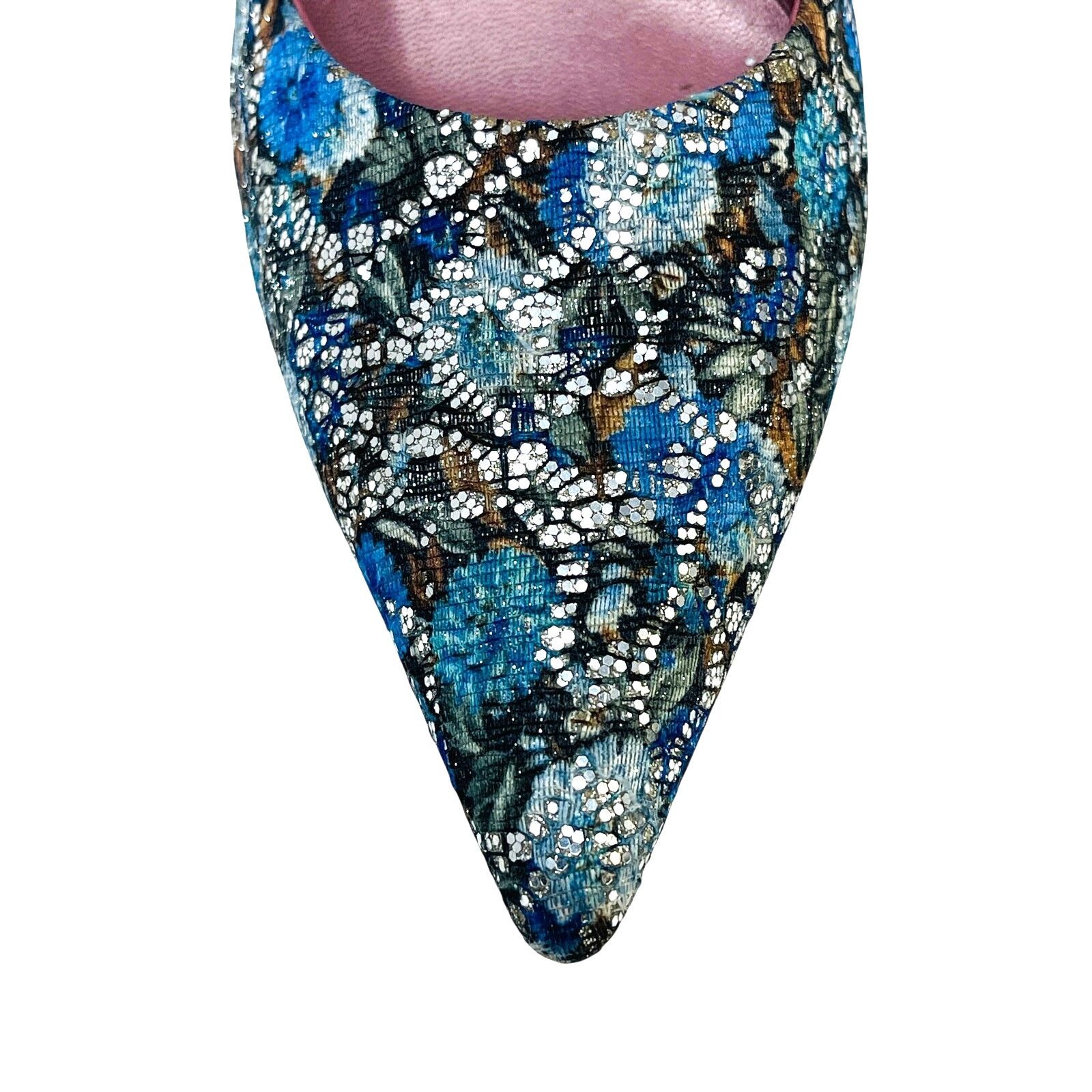 CAZABAT Jean-Michel Cazabat Blue Silver Brocade Heels US 8 EU 38.5 Size US 8 / IT 38 - 2 Thumbnail