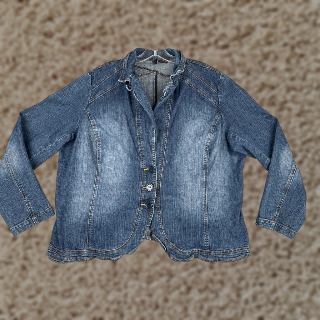 Vintage Mixit Jacket Womens 22W Denim Blue Button Cotton Blend Casual 80s 90s Classic Fashion Size 40" / US 18 - 1 Thumbnail