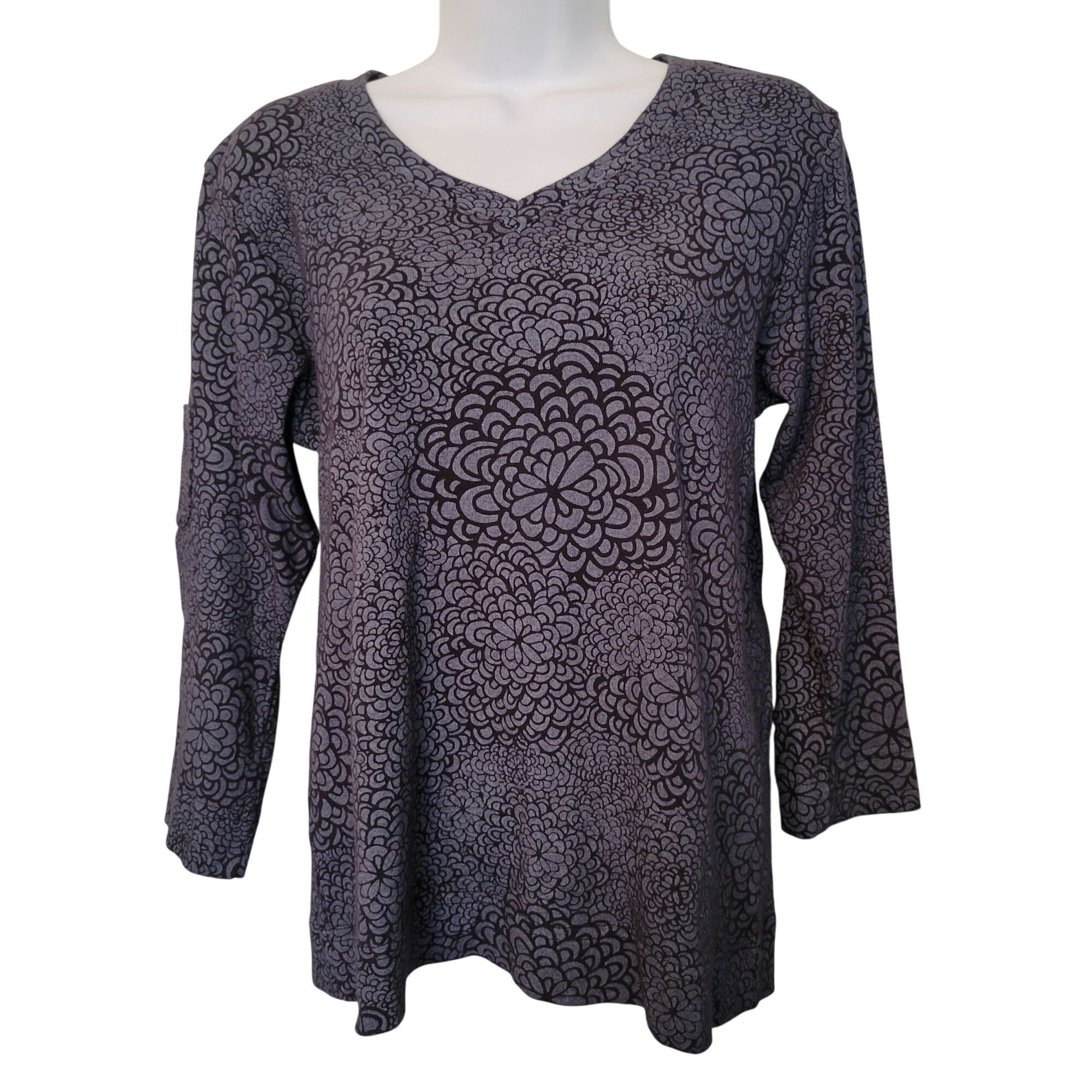 Vintage Fresh Produce S Floral Gray Black Stretch Knit V Neck Top Co Size S / US 4 / IT 40 - 1 Thumbnail