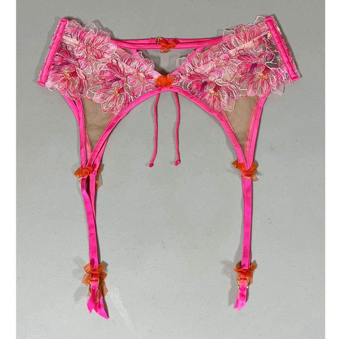 For Love & Lemons Pink Orange Floral Lace Bows Garter Belt Lingerie Size S 🍋✨ Size ONE SIZE - 2 Thumbnail