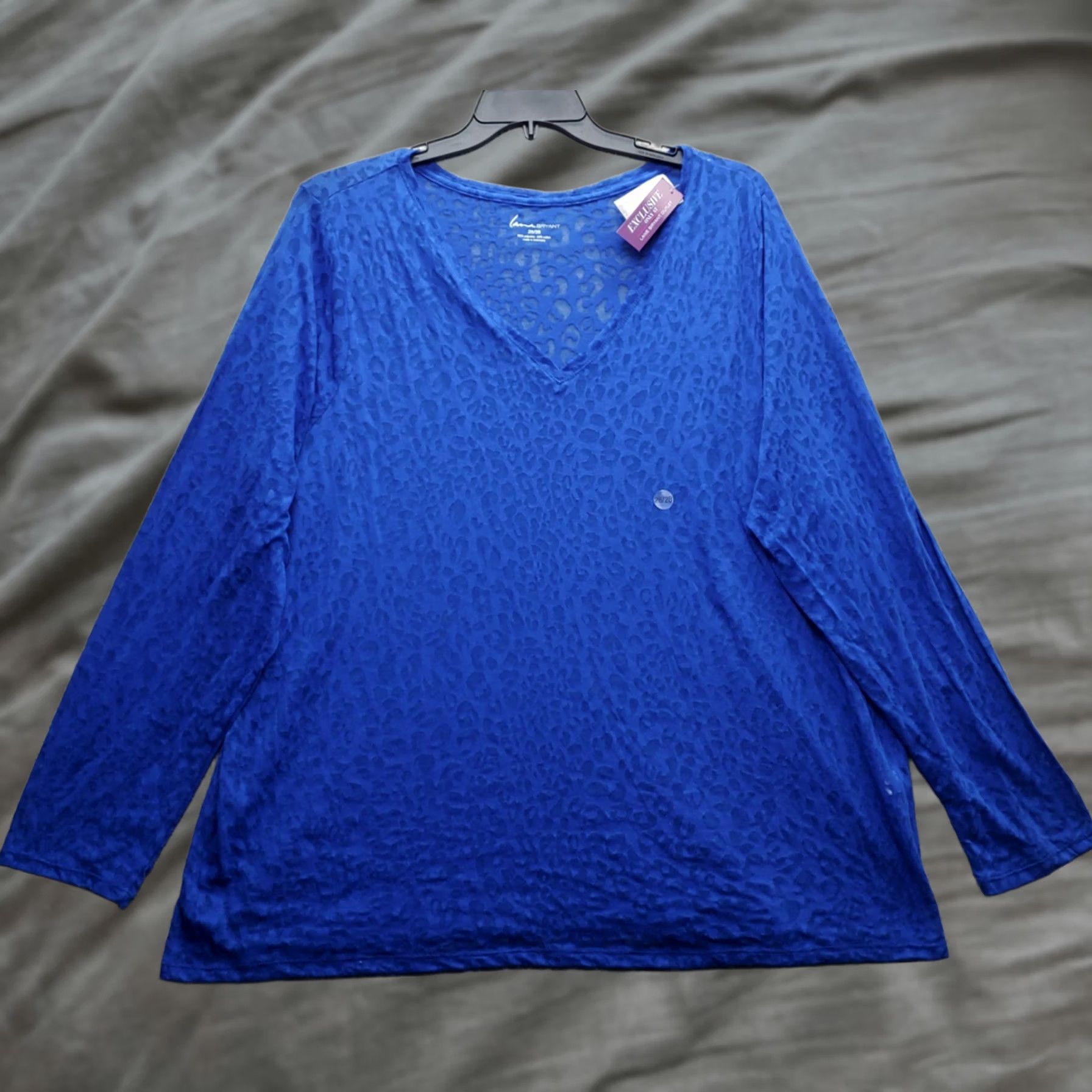 Vintage Lane Bryant Top Womens 26 Blue Tunic Leopard Print Sheer Long Sleeve Neck Size 4XL / US 24-26 - 1 Thumbnail