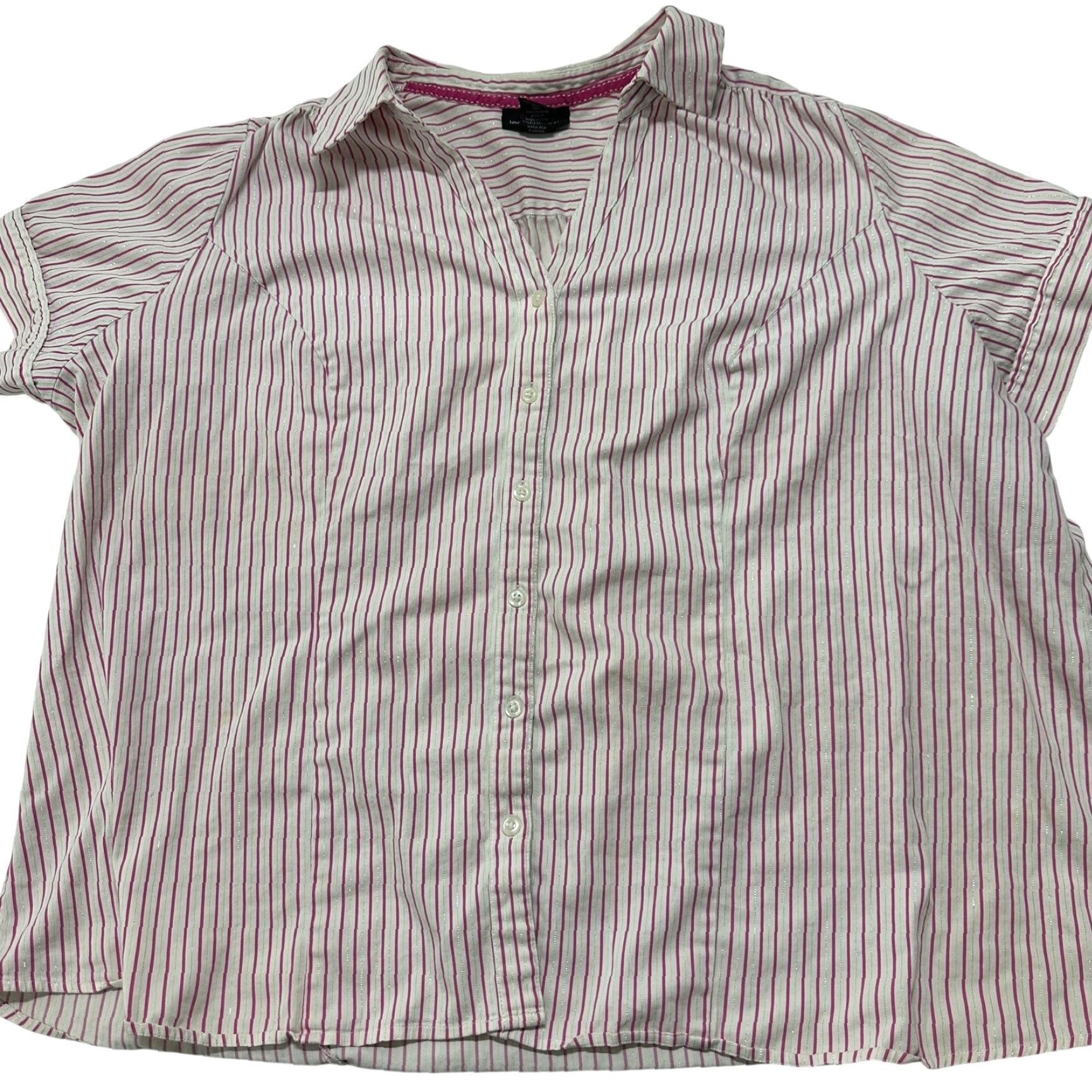 Vintage VINTAGE Lane Bryant Button Up Shirt Plus 28 Pink White Silver Striped Short Sleeves Women 28 Pink White Silver Striped Short Sleeves Green? Size 4XL / US 24-26 - 2 Thumbnail