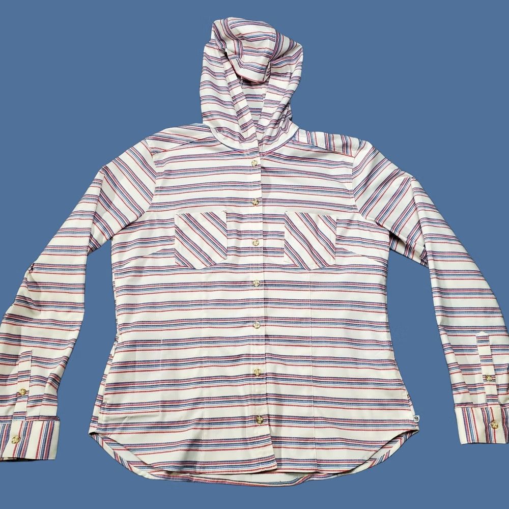 Mountain Hardwear Mountain Hardwear Hooded Long Sleeve Shirt Womens Large White Blue Red Striped Outdoor Size L / US 10 / IT 46 - 1 Thumbnail