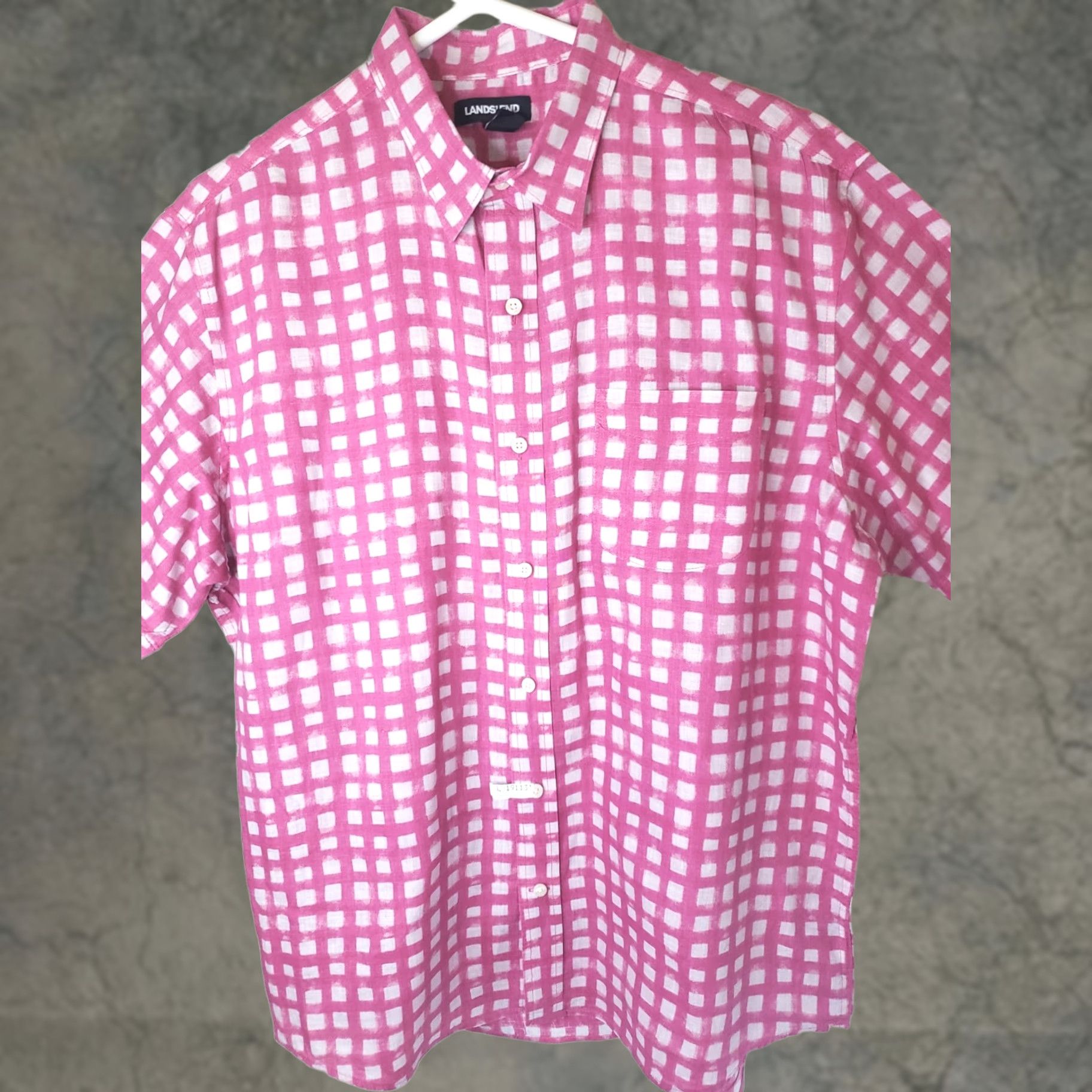 Lands' End Lands' End Linen Shirt Short Sleeve Button-Up Pink/White Check L Men’s Classic Fit 100% Linen breathable Casual Party/Cocktail Travel Size US L / EU 52-54 / 3 - 1 Thumbnail