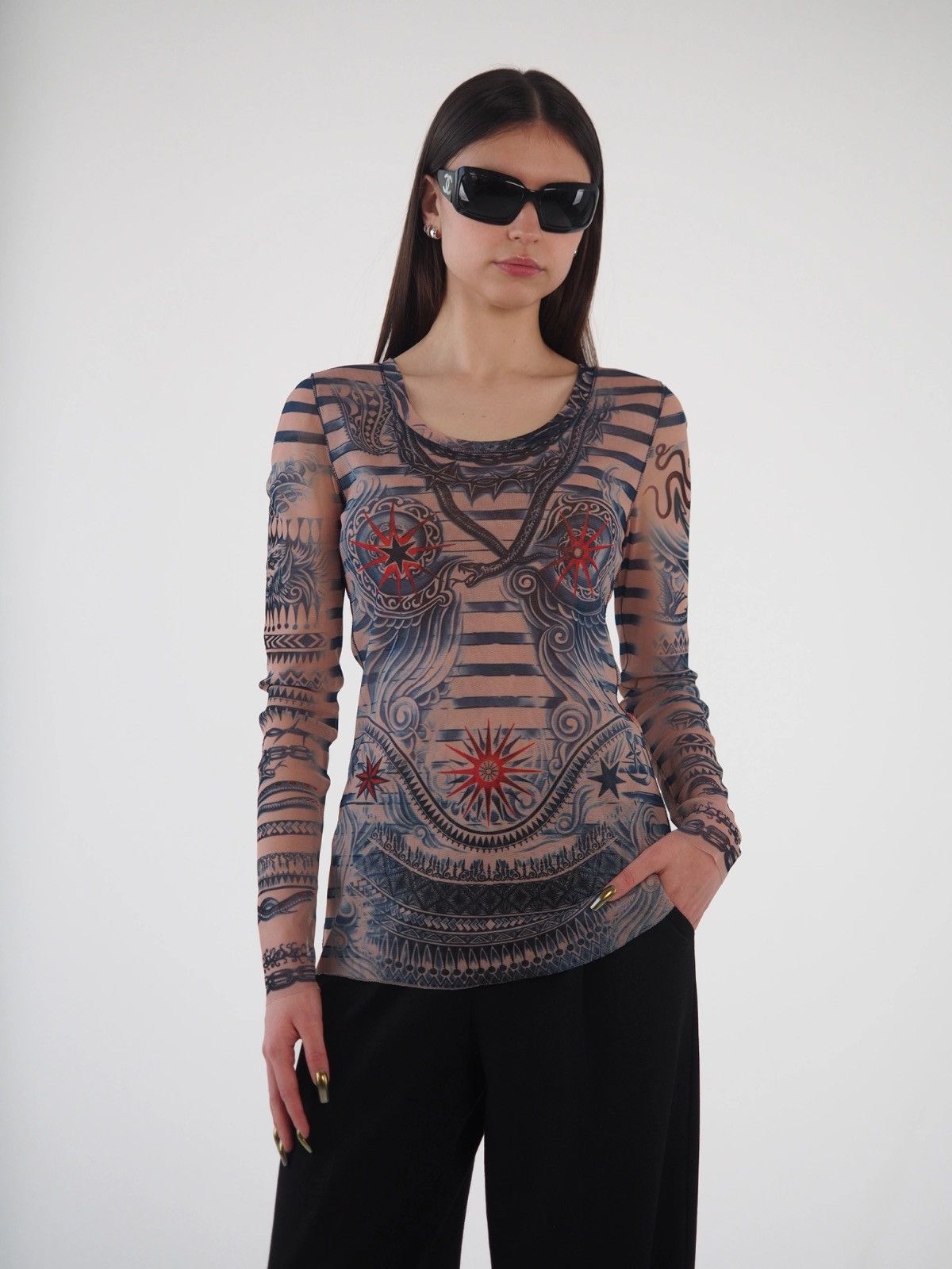 image of Jean Paul Gaultier X Lindex Tattoo Mesh Top in Beige, Women's (Size Medium)