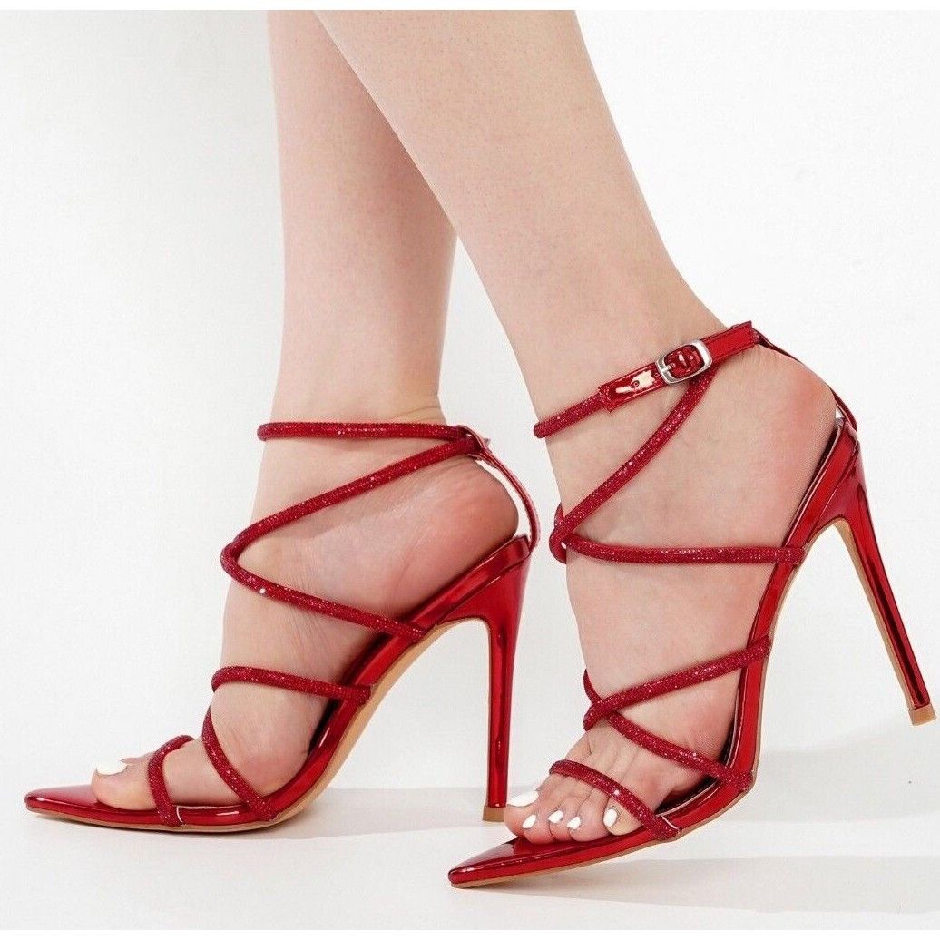 Party Town Red Metallic Strappy Rhinestone Pointy Toe High H