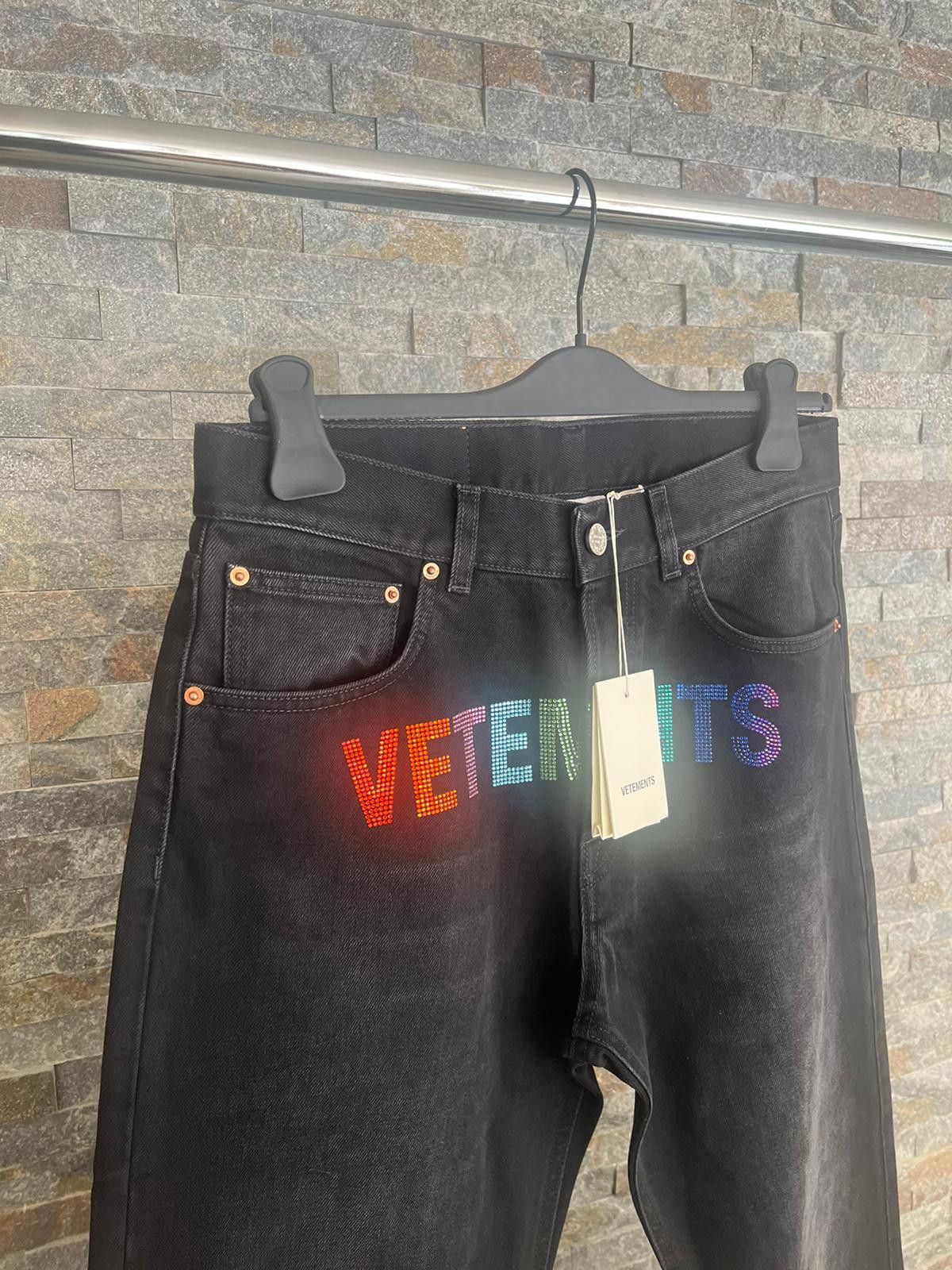 Vetements Multicolor Rainbow Crystal Logo Straight Leg Denim in Black Size US 30 / EU 46 - 4 Thumbnail