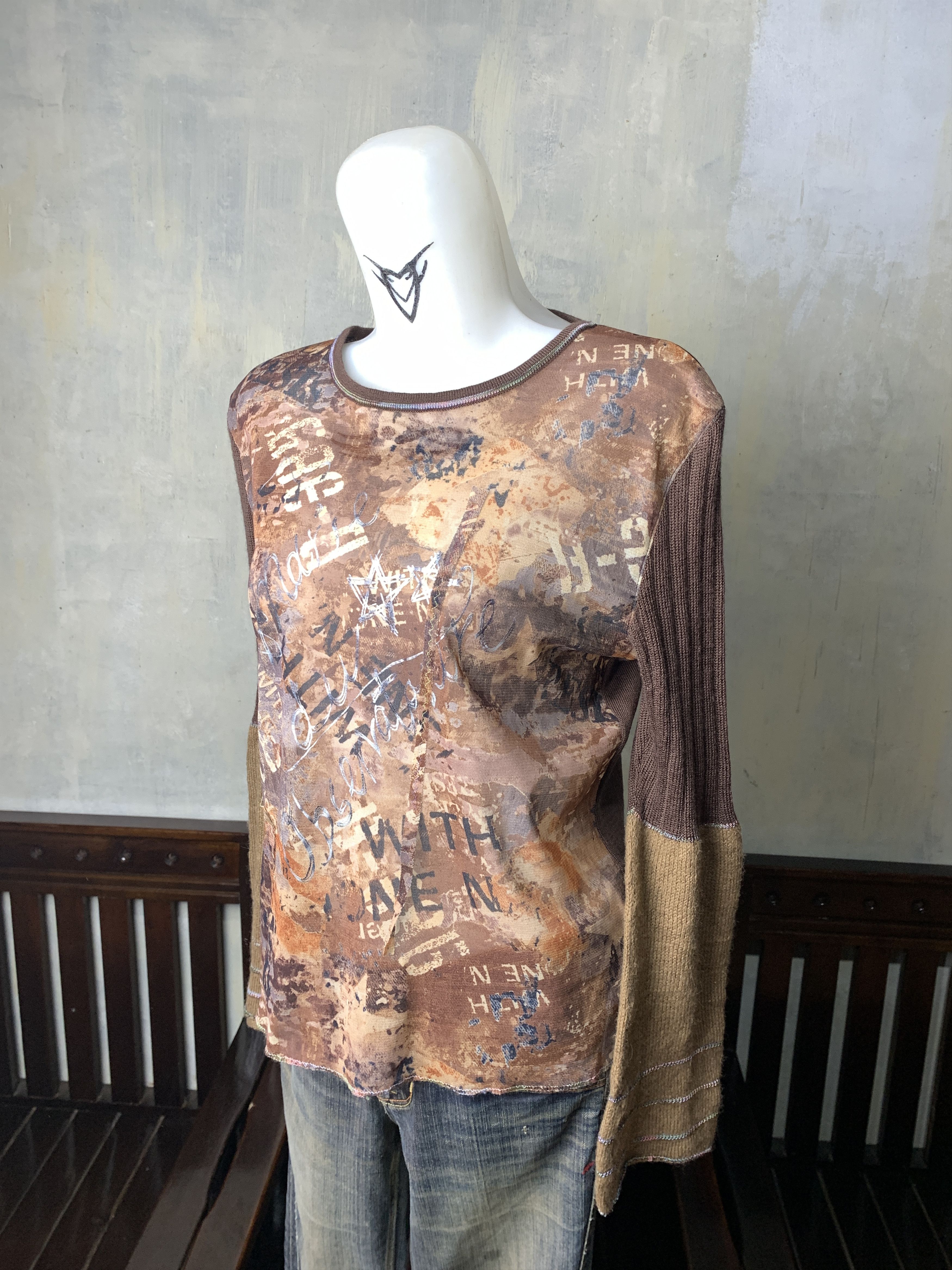Japanese Brand C'est moijeu Brown Flare Sleeve Knitted Mesh Top (M) Size M / US 6-8 / IT 42-44 - 2 Thumbnail
