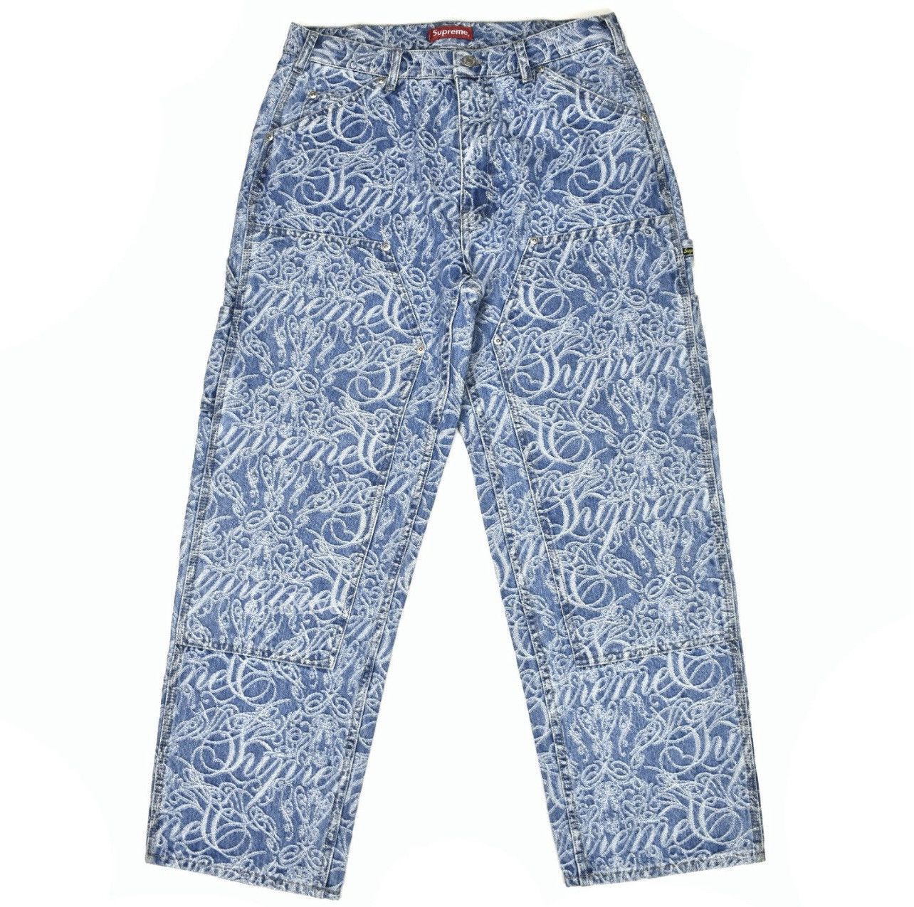 image of Supreme Script Jacquard Double Knee Denim Pants in Blue, Men's (Size 34)