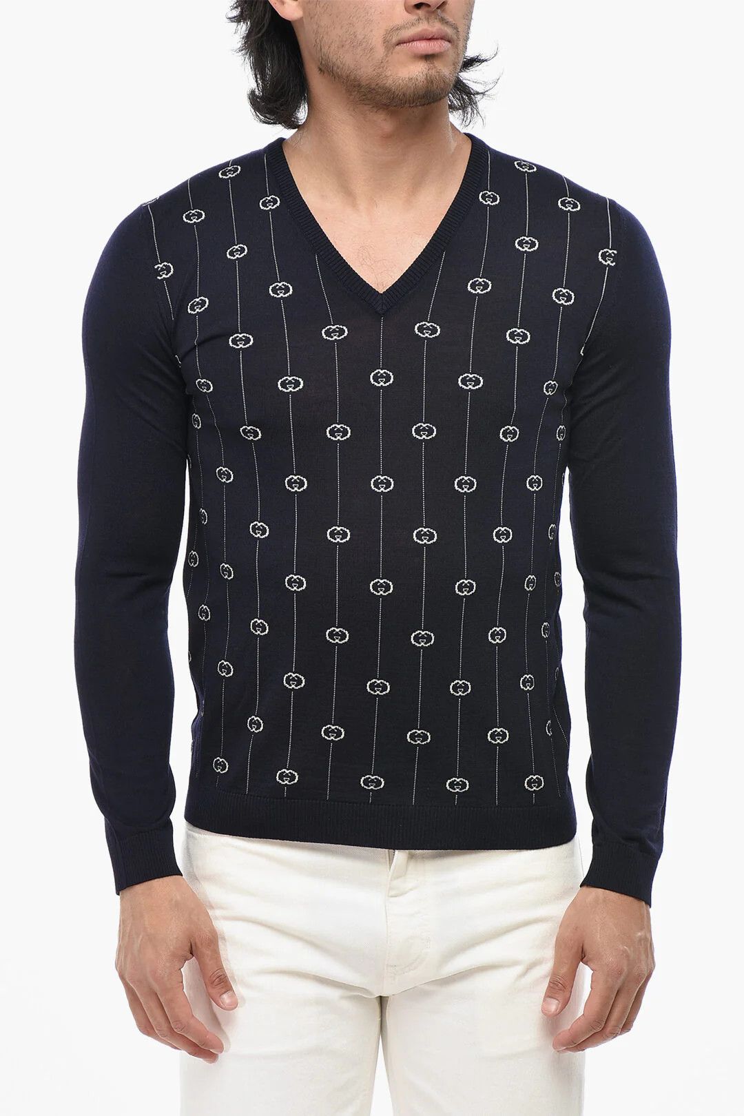 Gucci og1mm0426 Wool E Nylon Iconic-Pattern V-Neck Sweater Blue Size US S / EU 44-46 / 1 - 1 Thumbnail