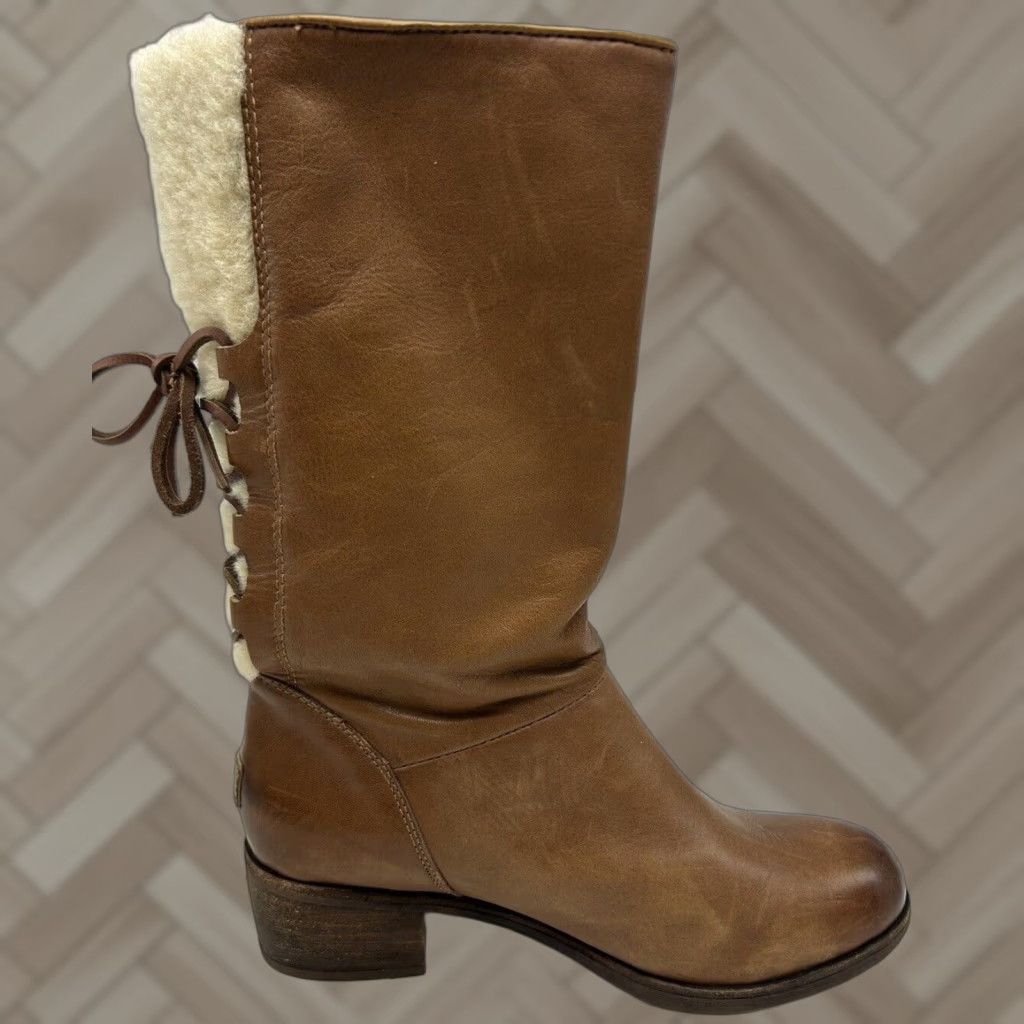 UGG Boots Womens 7 Brown Cary Wool Leather Mid Calf Pull On Block Heel Riding Boot