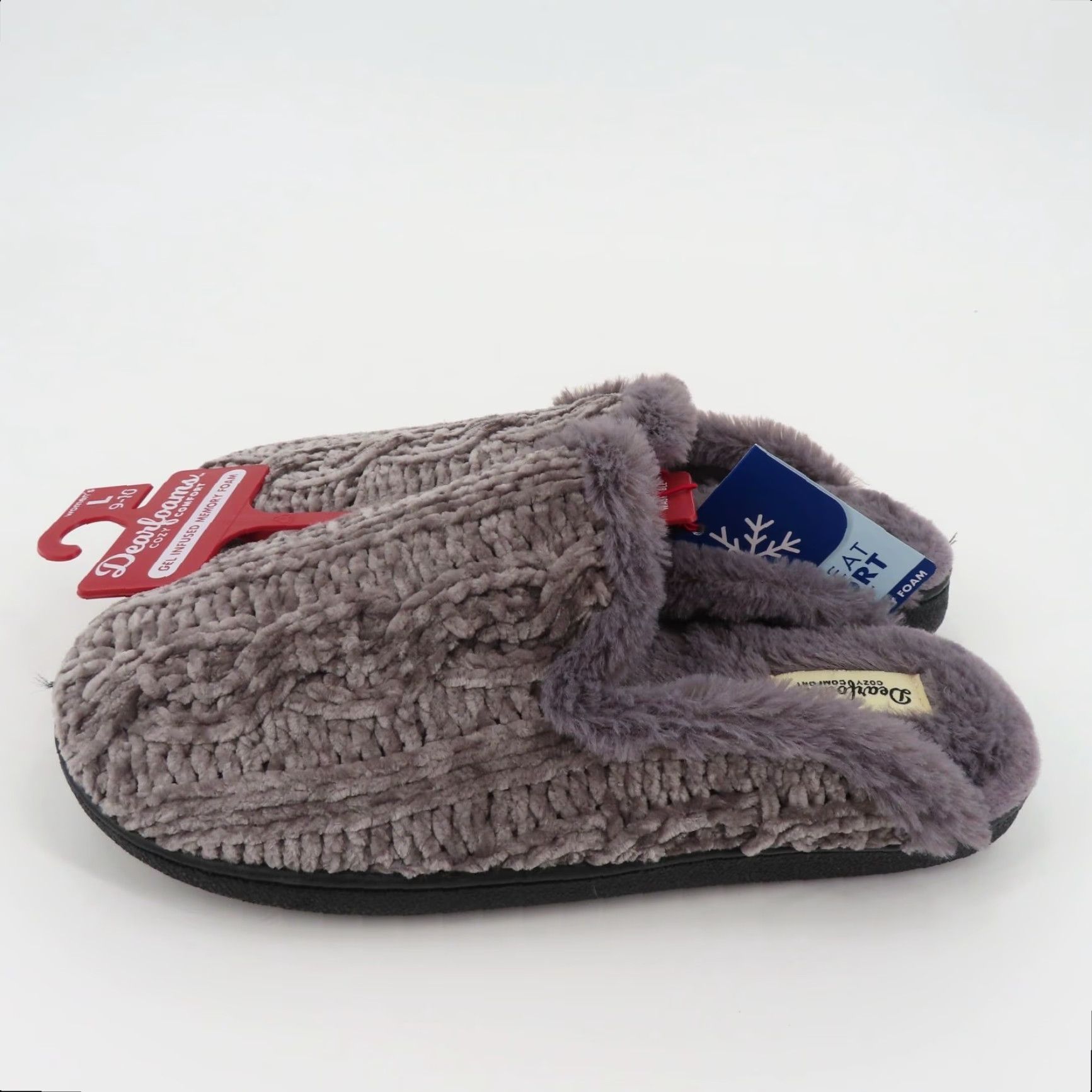 Vintage Dearfoams Slippers Women Large 9-10 Grey Chenille Cable Knit Faux Fur Slide NEW Memory Foam Slide Slippers Womens Medium? Size US 9 / IT 39 - 4 Thumbnail