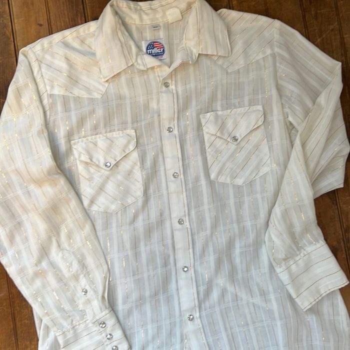 Chemise Vintage Miller Western Wear – Bleue, Broderie Perle, Snap, Taille 15/33