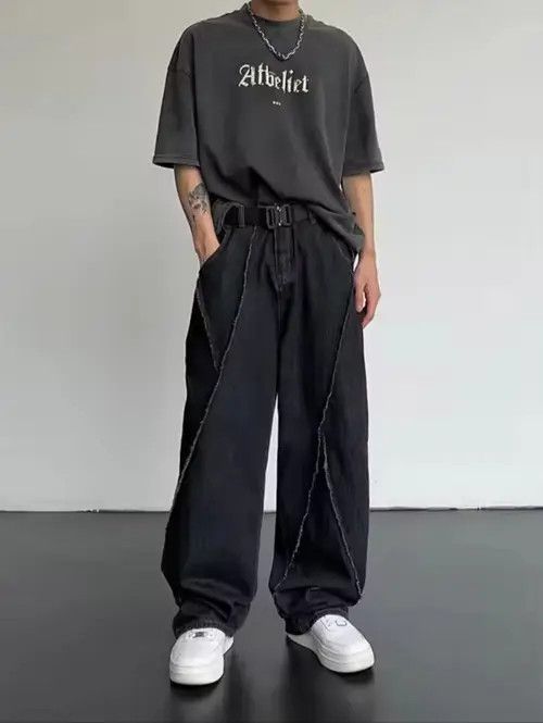VIBE Hip Hop Distressed Patchwork Trousers Loose Casual Size US 33 - 3 Thumbnail
