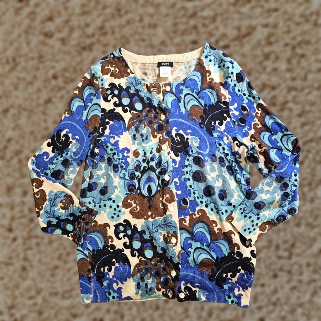 J.Crew J.CREW Cardigan Sweater Women Small Blue Abstract Wool Long Sleeve Casual Career Size S / US 4 / IT 40 - 1 Thumbnail