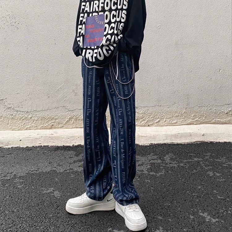 image of Loose Fitting Straight Leg Letter Jacquard Jeans in Blue, Men's (Size 32)