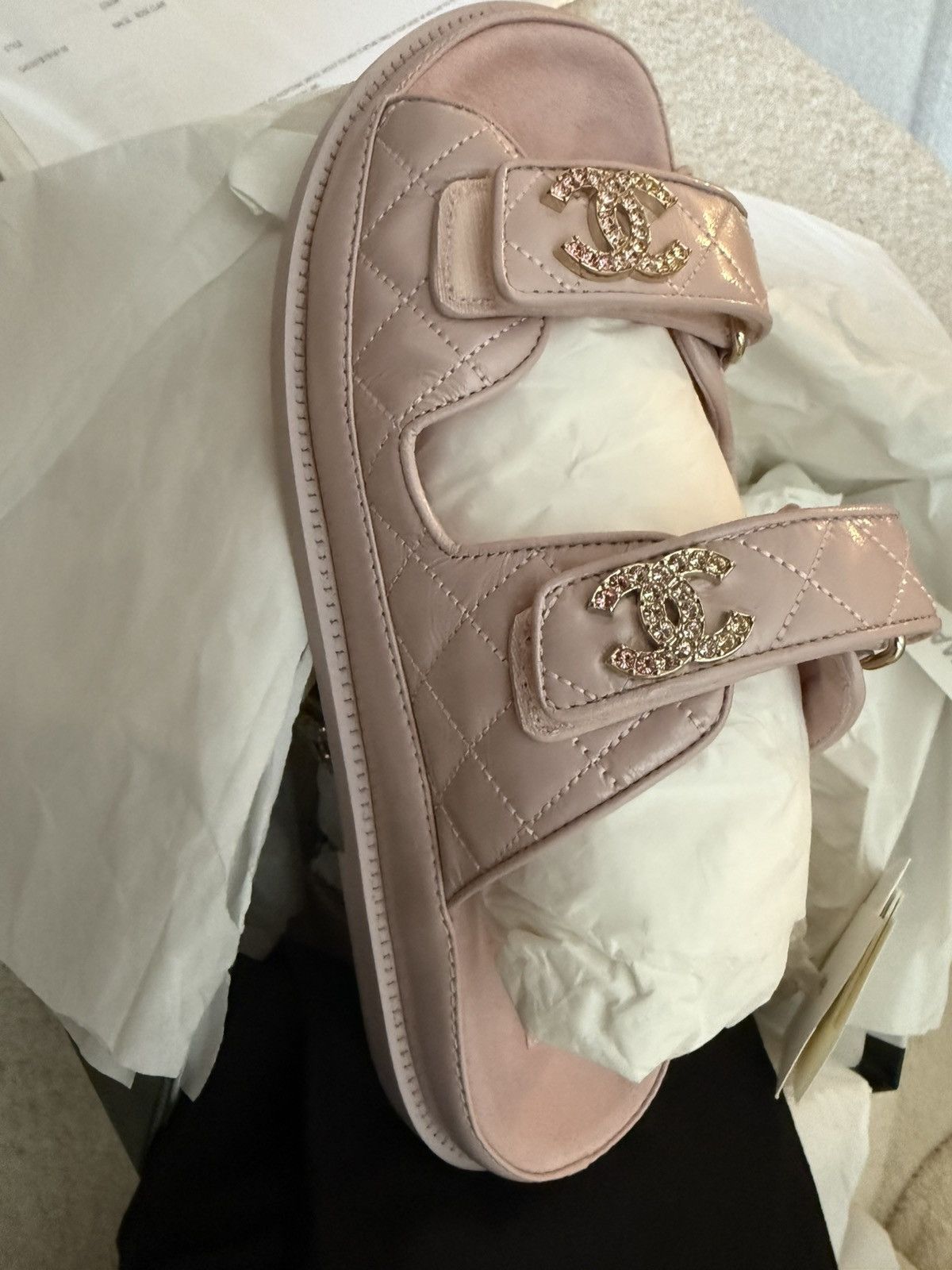 Chanel Quilted Velcro Crystal CC Slide Sandals Light Pink Size US 8.5 / IT 38.5 - 1 Thumbnail