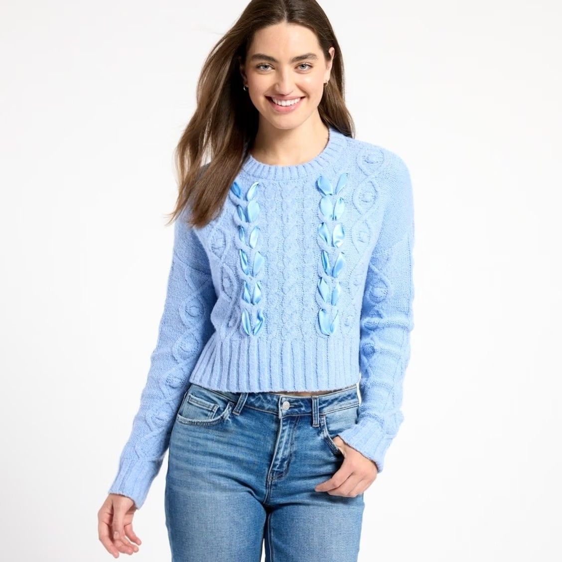 Vintage Pink Rose Women Light Blue Cable Knit Ribbon Lace-Up Crewneck Cropped Sweater S Size S / US 4 / IT 40 - 2 Thumbnail
