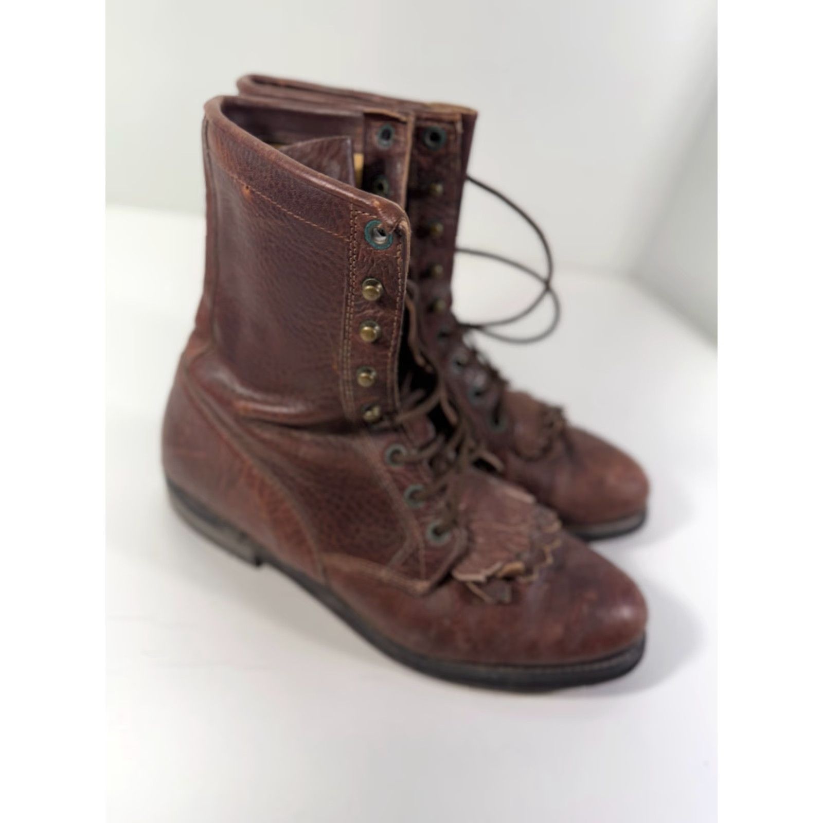 Vintage Boulet Western Boots Mens 9 Brown Leather Lace-Up Almond Toe Cowboy Kiltie Mid-Calf Boots Size US 9 / EU 42 - 3 Thumbnail