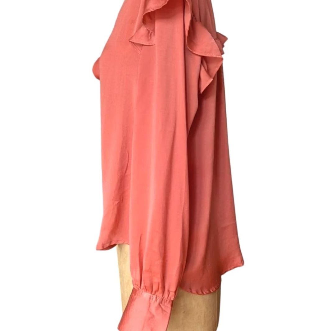 Vintage Bleuh Ciel Terracotta Satin Blouse Long Sleeve Tie Neck Ruffle Bow Button V-Neck Women L Pink Satin Blouse Casual Office Size L / US 10 / IT 46 - 3 Thumbnail