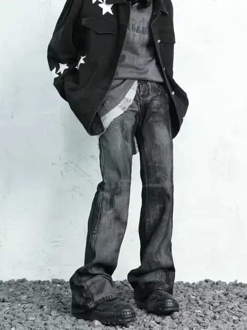 Gray grunge wax paint flared jeans