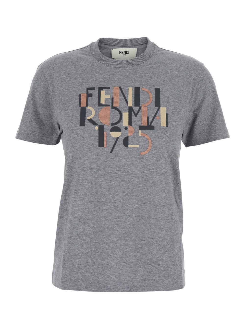 Fendi Grey Crewneck T-Shirt with Logo Detail on the Front in Cotton Woman Size M / US 6-8 / IT 42-44 - 1 Thumbnail