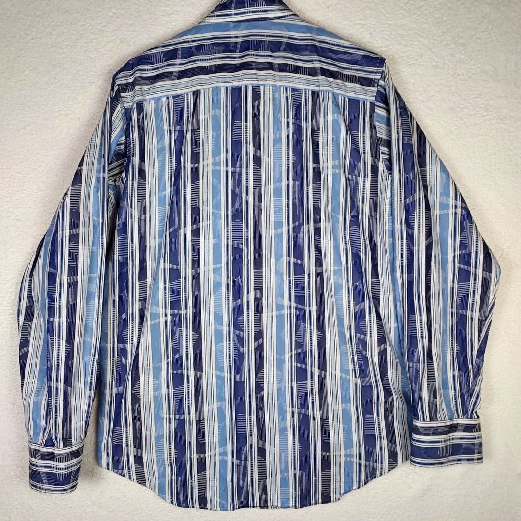BUGATCHI Bugatchi Striped Dress Shirt Mens Small Blue White Button-Down Long Sleeve Size 36R - 3 Thumbnail