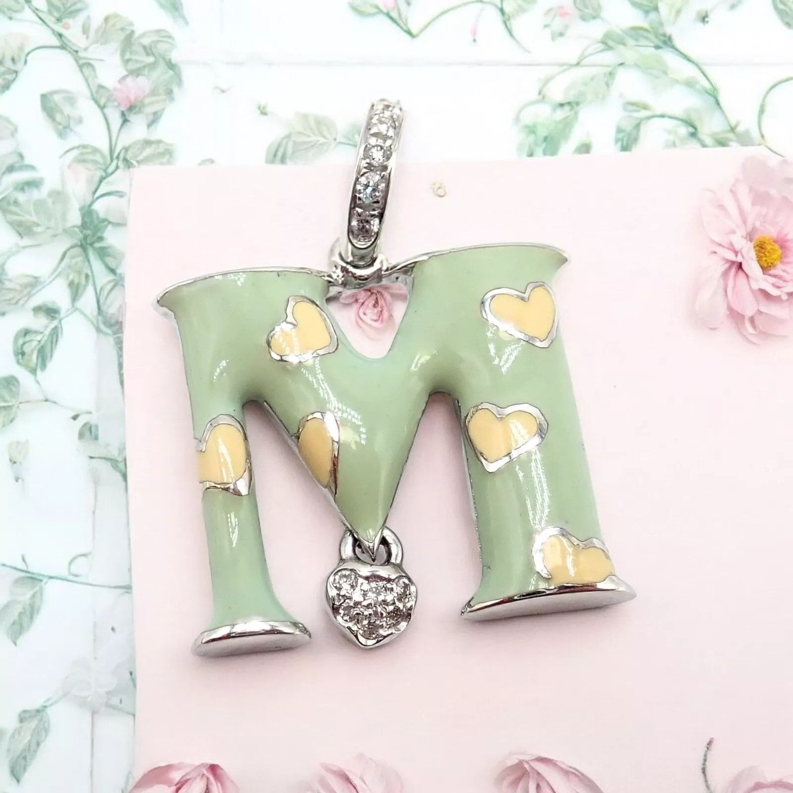 Other White Gold Diamond Green Enamel Baby M Initial Charm Pendant Size ONE SIZE - 2 Thumbnail