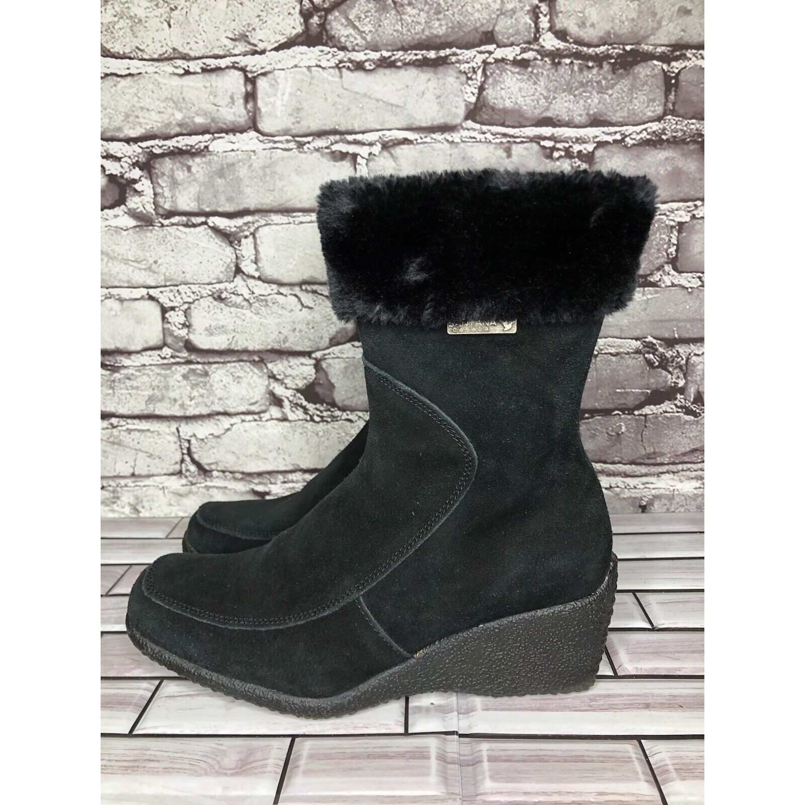 Other Aquatherm by Santana Canada Tati Black Suede Fur Winter Wedg Size US 8 / IT 38 - 3 Thumbnail