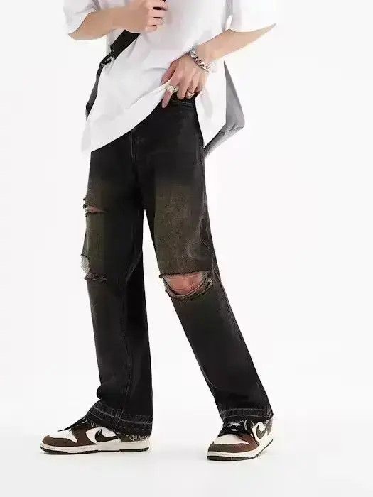 Japanese Brand Black distressed washed straight denim jeans Size US 34 / EU 50 - 3 Thumbnail