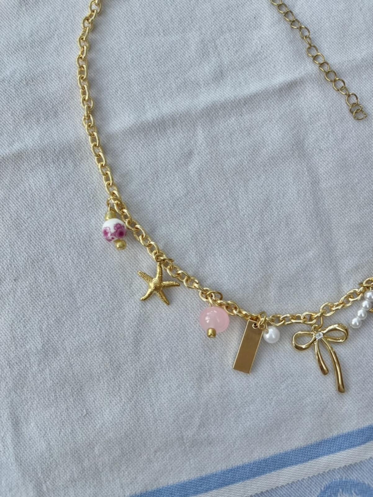 Other Gold plated pink beaded bow starfish charm pendant necklace Size ONE SIZE - 4 Thumbnail