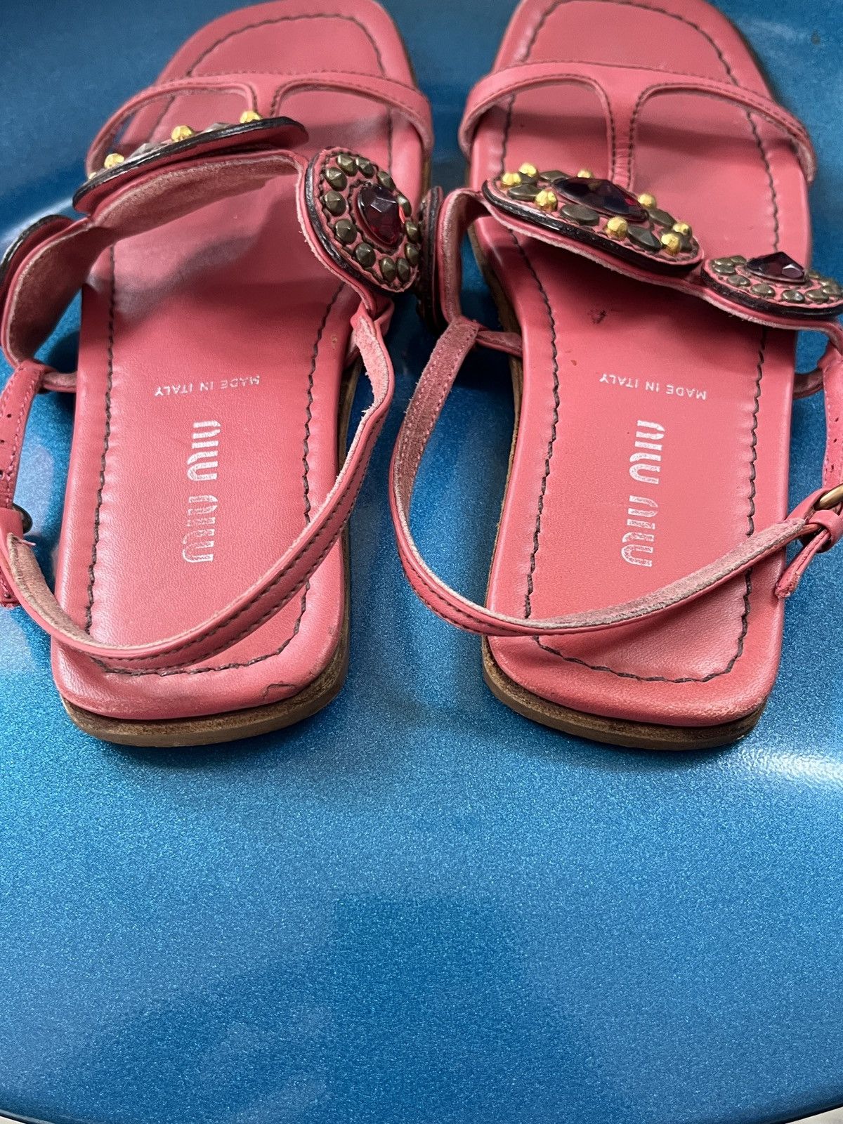 Prada Miu Miu Rare T-Strap Gemstud Leather Sandals Size US 5 / IT 35 - 9 Thumbnail