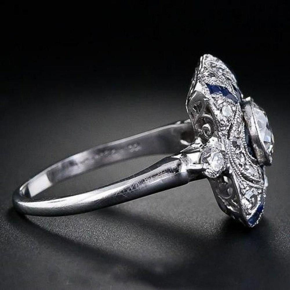 Designer 925 Sterling Silver Blue Geometric Art Deco Ring - Size 7 Size ONE SIZE - 3 Thumbnail
