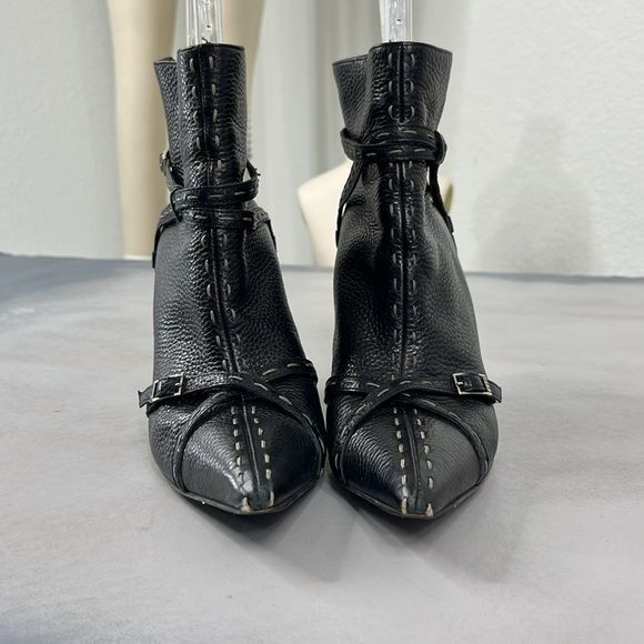 Fendi Fendi Pebbled Leather Biker Heeled Strappy Boots Metal Plate Size US 8.5 / IT 38.5 - 2 Thumbnail
