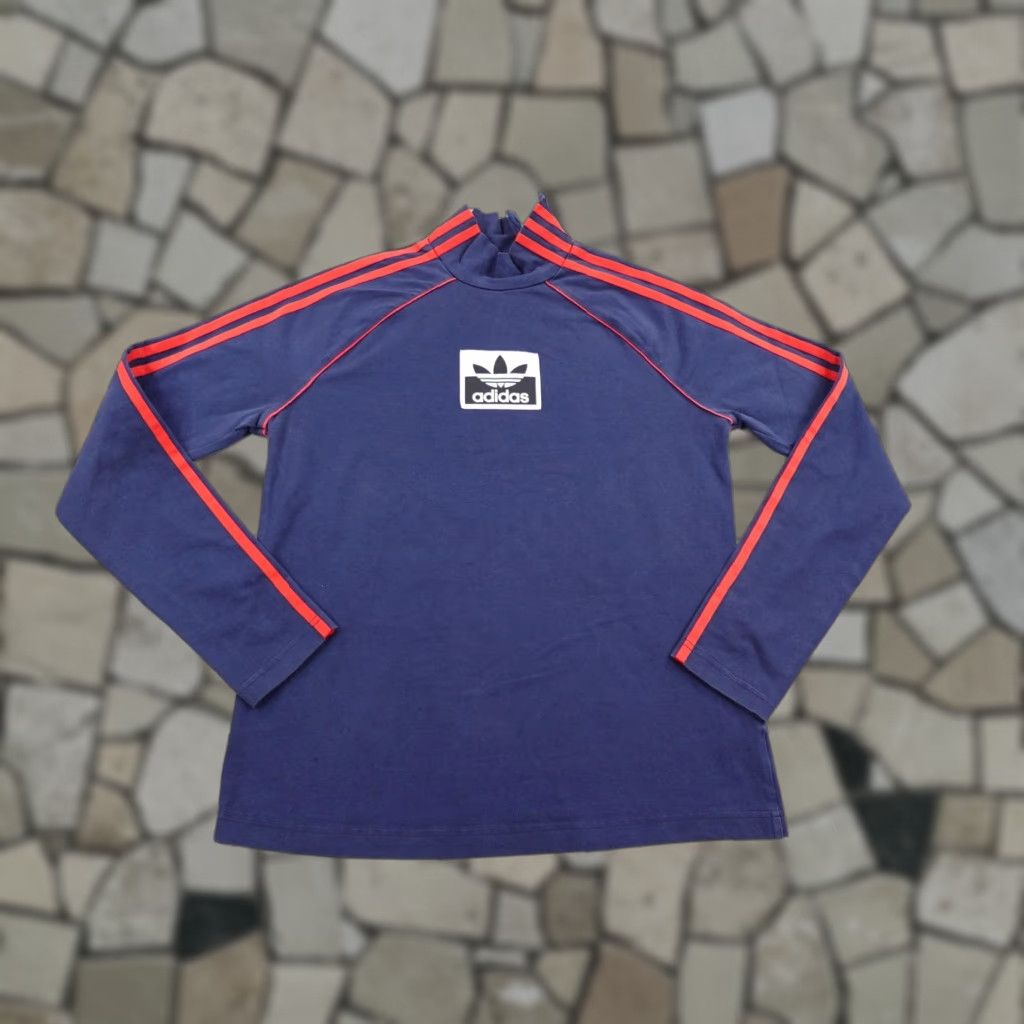ADIDAS Shirt Womens Large Blue Red Mock Neck 1/4 Zip Track Top Long Sleeve Striped Raglan Outdoor Sports T-Shirt
