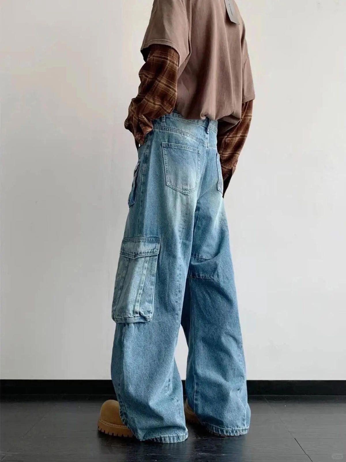 Japanese Brand Light Blue Baggy Cargo Jeans, Wide Leg Denim Pants Size US 32 / EU 48 - 4 Thumbnail