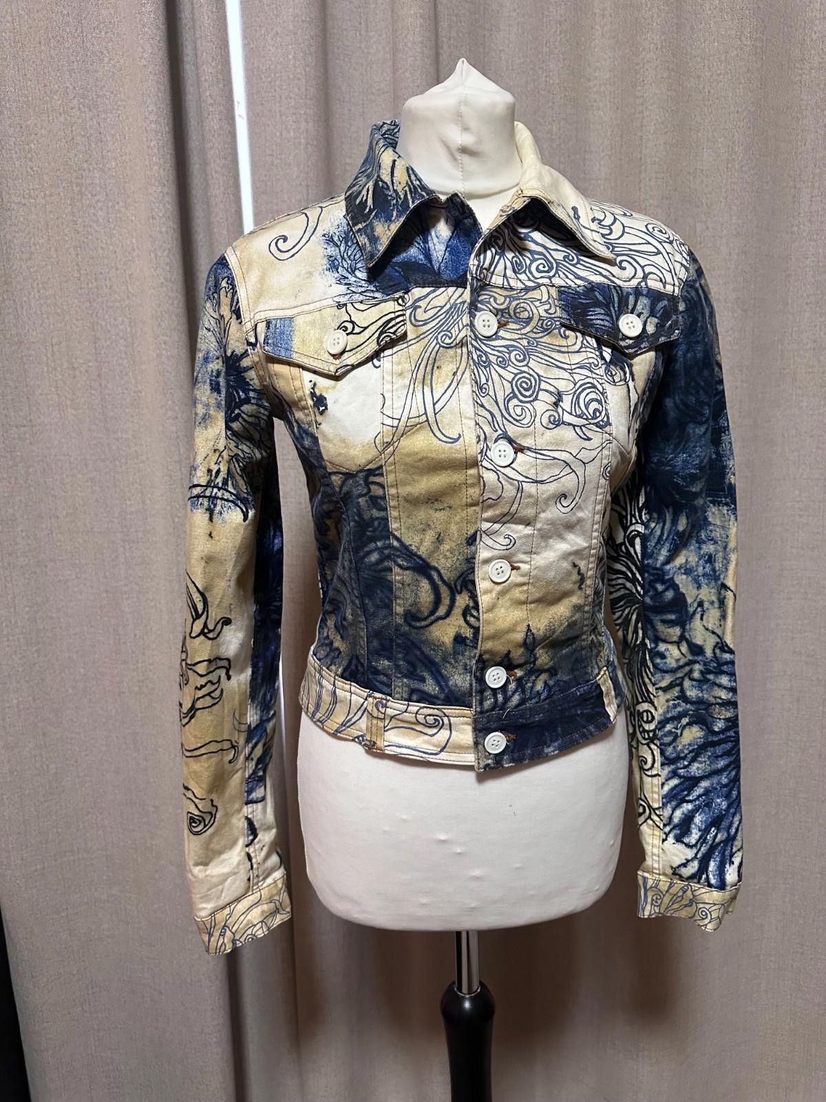 Just Cavalli 2000s Cavalli Chinese Ink Flowers Cropped Beige Jacket Sz XS Size XS / US 0-2 / IT 36-38 - 3 Thumbnail