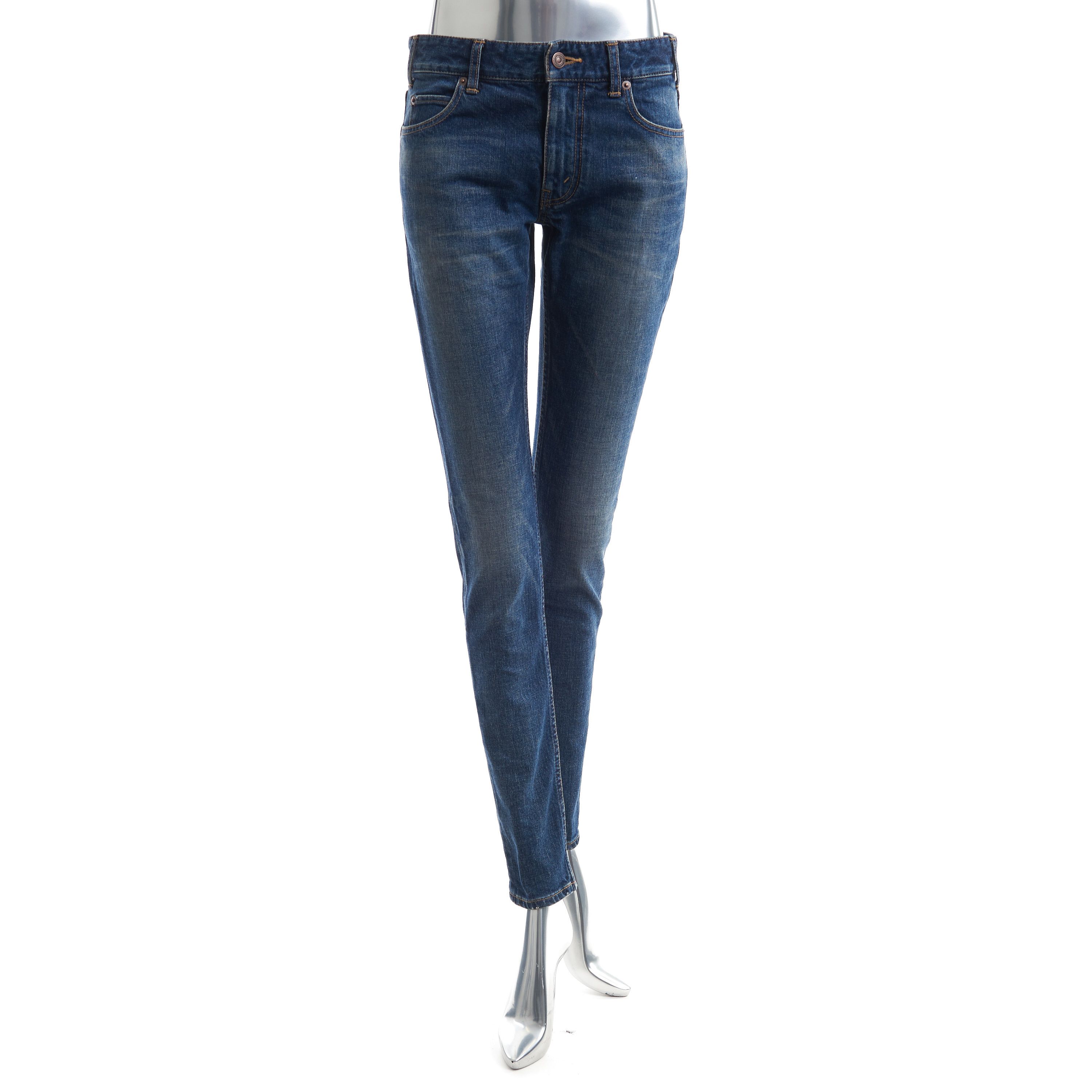 image of Celine Skinny Low-Rise Jeans In Dark Union Wash Denim Size 30 in Blue, Women's