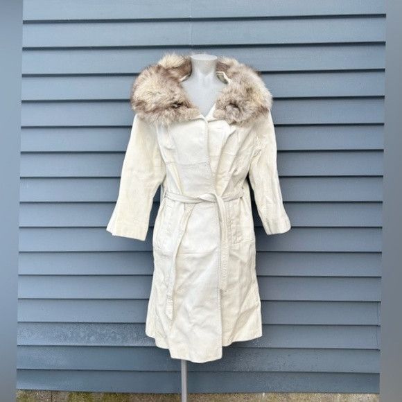 Other Vintage 60s Mod White Leather Fox Fur Collar Swing Coat Size L / US 10 / IT 46 - 1 Thumbnail