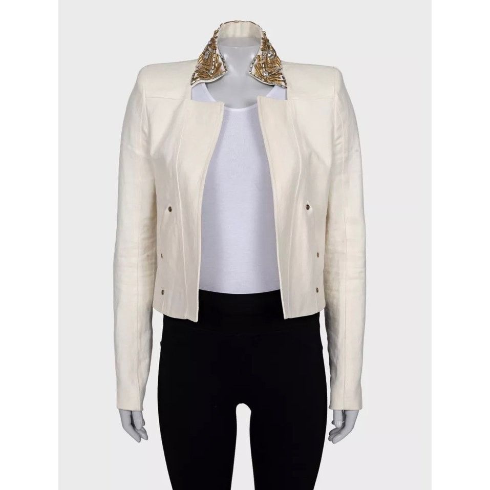 Balmain Balmain White Linen Crystal Trim Jacket - Size M (FR38) Size M / US 6-8 / IT 42-44 - 1 Thumbnail