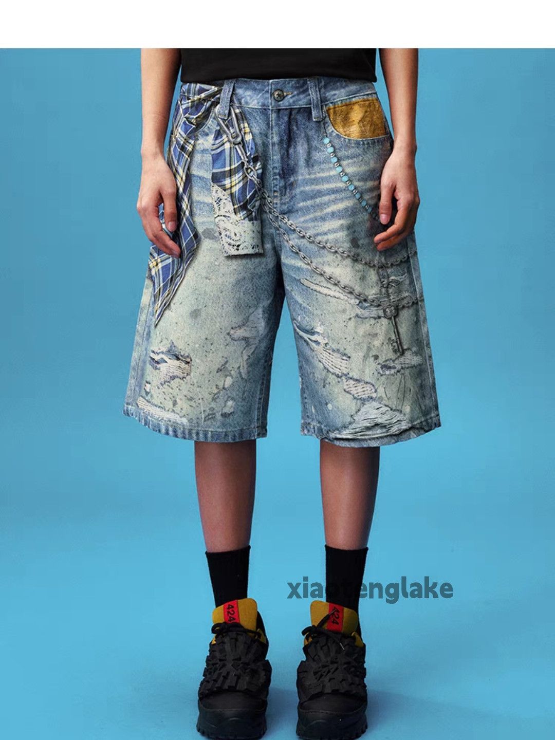 Jean Unisex washed faded loose baggy print dance shorts Size US 30 / EU 46 - 1 Thumbnail