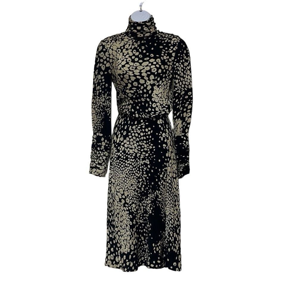 Image of This Is Not New Tuleh Womens Xs 100% Silk Midi Dress Black Gold Animal Leopa